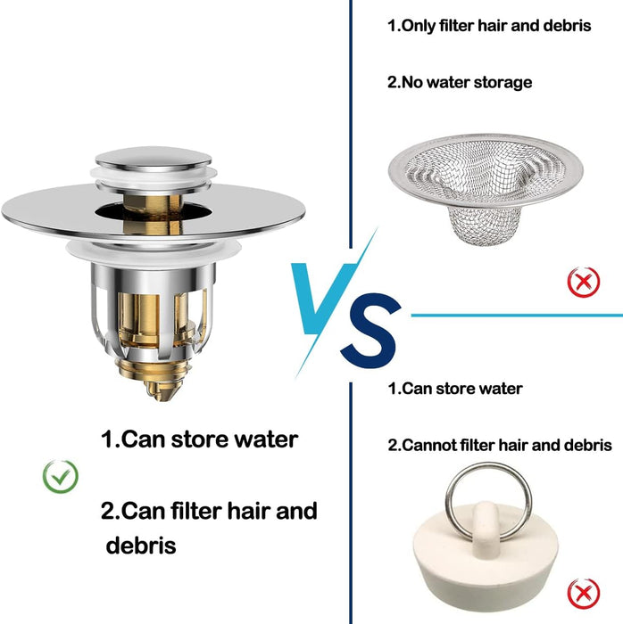 Universal 2 in 1 Bathroom Sink Stopper, Pop up Bathroom Sink Strainer with Anti-Clogging Filter Basket, Bathroom Drain Stopper Sink Plug for 1.06"-1.65" Basin Drain Holes