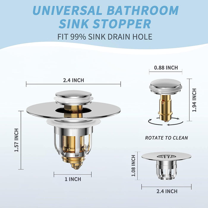 Universal 2 in 1 Bathroom Sink Stopper, Pop up Bathroom Sink Strainer with Anti-Clogging Filter Basket, Bathroom Drain Stopper Sink Plug for 1.06"-1.65" Basin Drain Holes