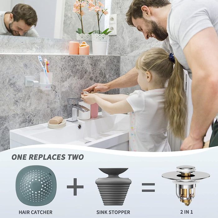 Universal 2 in 1 Bathroom Sink Stopper, Pop up Bathroom Sink Strainer with Anti-Clogging Filter Basket, Bathroom Drain Stopper Sink Plug for 1.06"-1.65" Basin Drain Holes