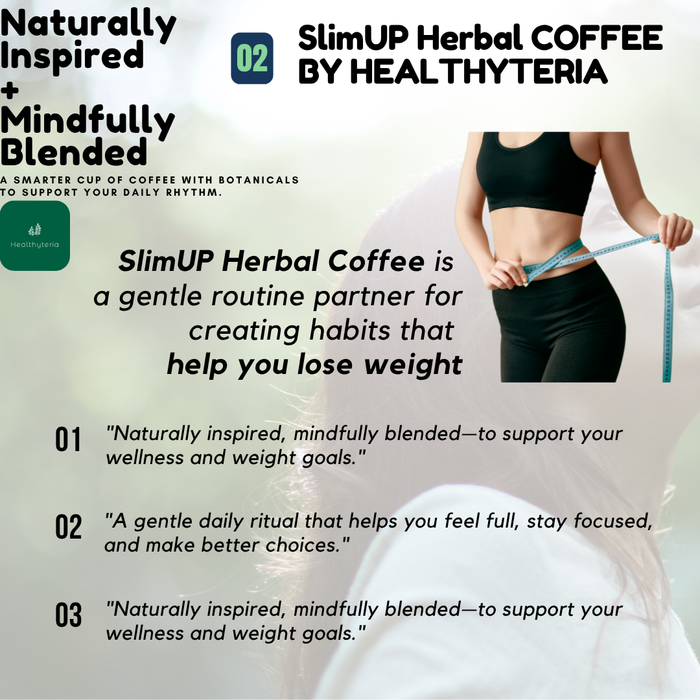 SlimUP Herbal Coffee by Healthyteria, Natural Instant Coffee Blend, 7 Botanical Ingredients with Garcinia Cambogia, Psyllium, Green Coffee & Guarana, Supports Satiety, Focus & a Slim-Inspired Lifestyle, 10g / 18 Sachets [4 - 7 days Ship]