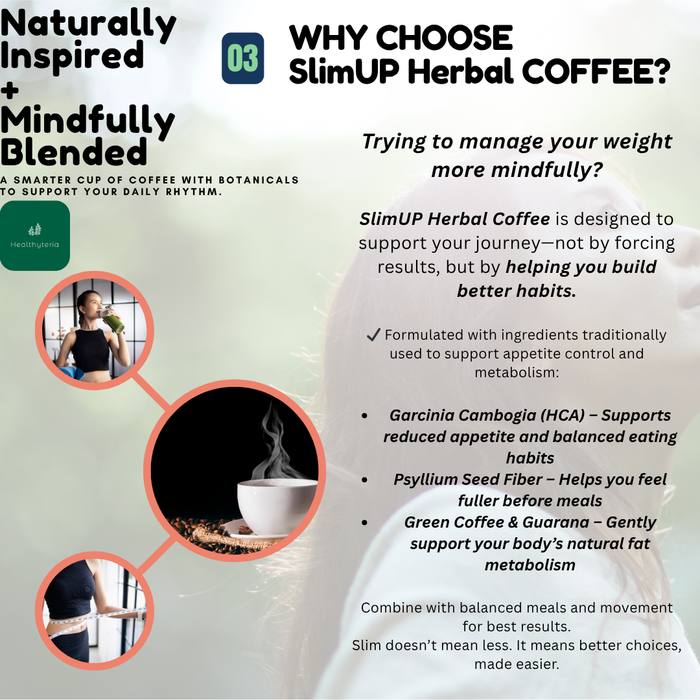 SlimUP Herbal Coffee by Healthyteria, Natural Instant Coffee Blend, 7 Botanical Ingredients with Garcinia Cambogia, Psyllium, Green Coffee & Guarana, Supports Satiety, Focus & a Slim-Inspired Lifestyle, 10g / 18 Sachets [4 - 7 days Ship]
