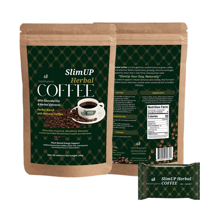 SlimUP Herbal Coffee by Healthyteria, Natural Instant Coffee Blend, 7 Botanical Ingredients with Garcinia Cambogia, Psyllium, Green Coffee & Guarana, Supports Satiety, Focus & a Slim-Inspired Lifestyle, 10g / 18 Sachets [4 - 7 days Ship]